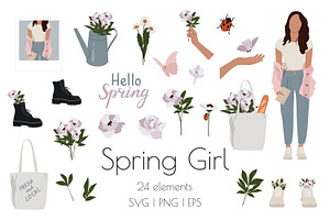 Spring Girl And Flowers Set