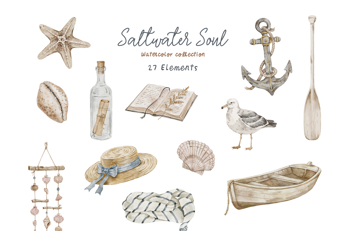 SALTWATER SOUL watercolor clipart, a Decorative Illustration by long summer (Photo 10 of 15)