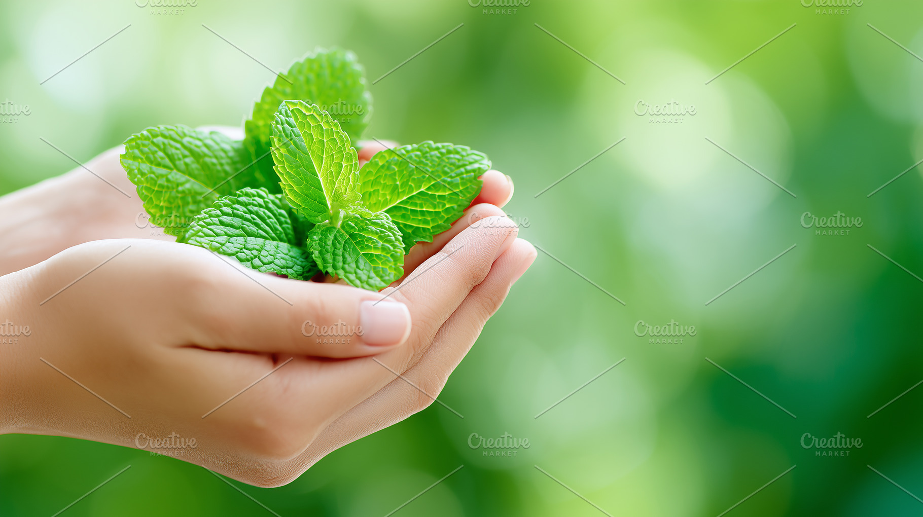 Hands holding fresh green mint leaf, a Nature Photo by MistyDay