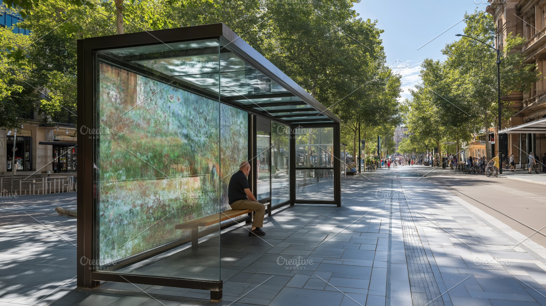 Solitary Moment at Modern Glass Bus Stop on a Sunny Urban Street, a Transportation Photo by Ocean Digital Art