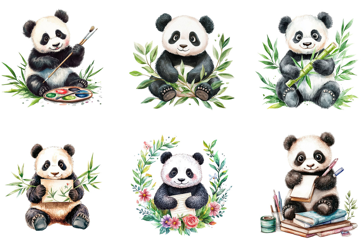 Watercolor Book Lover Panda clipart, a Seasonal Illustration by Designking (Photo 3 of 5)