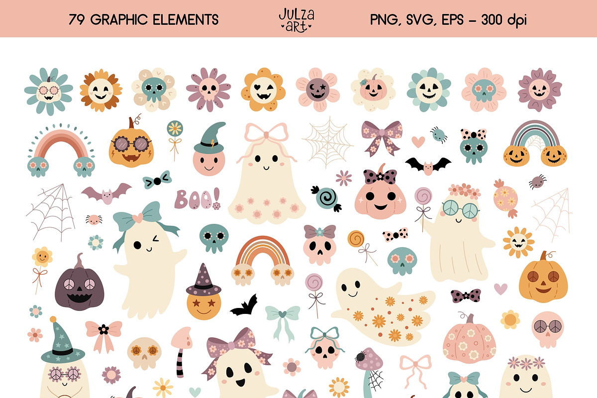 Retro Groovy Halloween Collection, a Seasonal Illustration by JulzaArt (Photo 2 of 10)