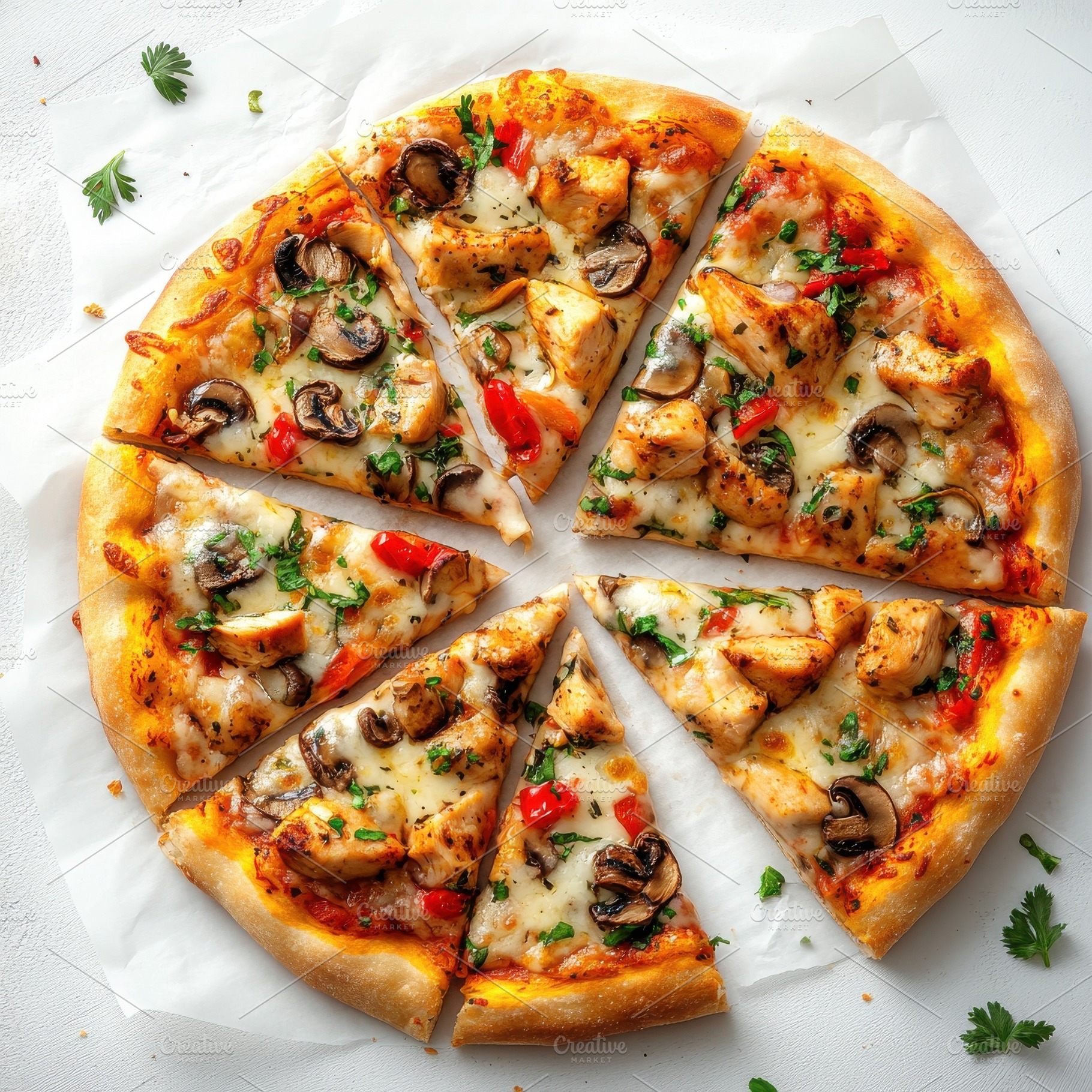 Slices of fresh round pizza with chi, a Food & Drink Photo by Pixeness Studio