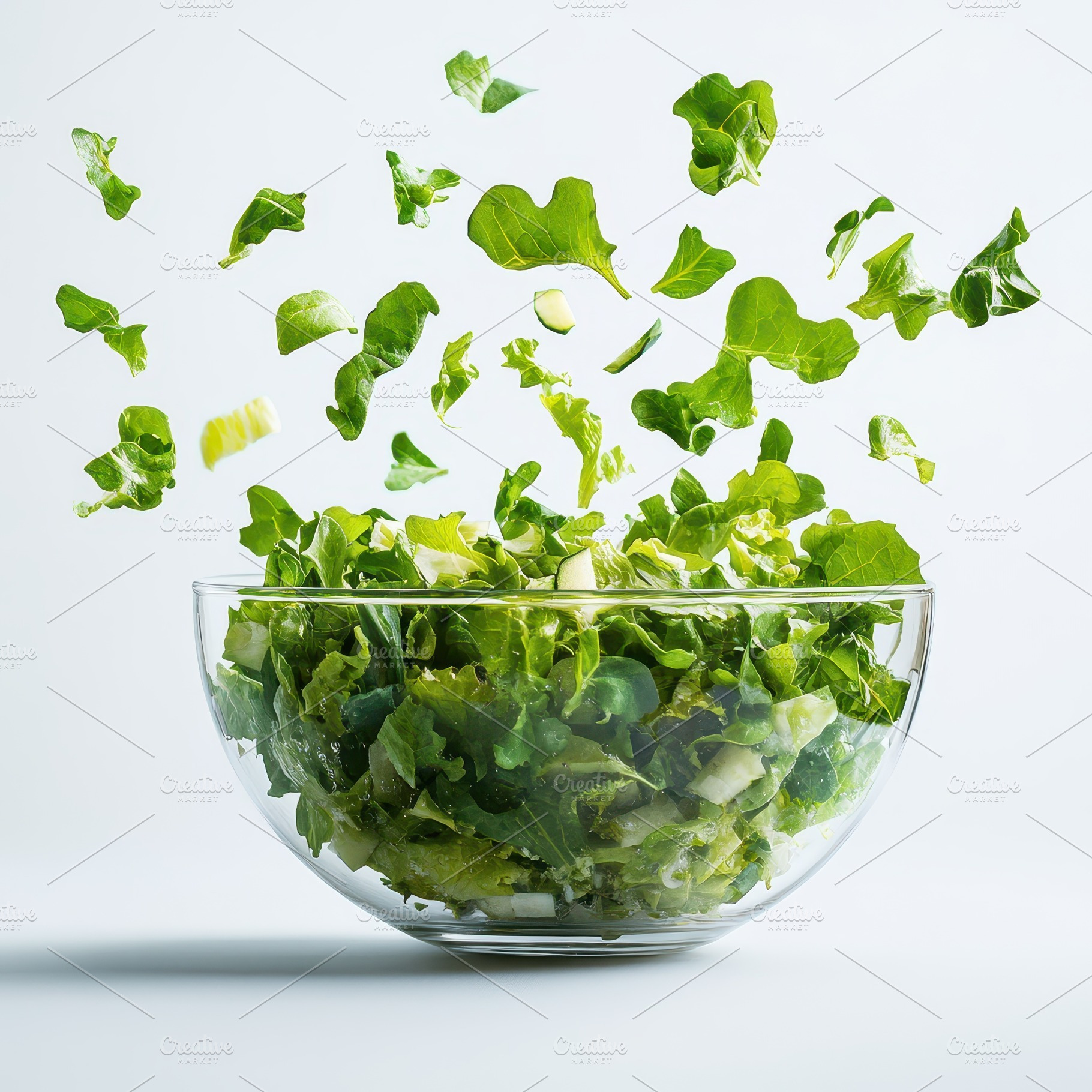 Fresh Green Salad Falling into Glass, a Food & Drink Photo by Pixeness Studio