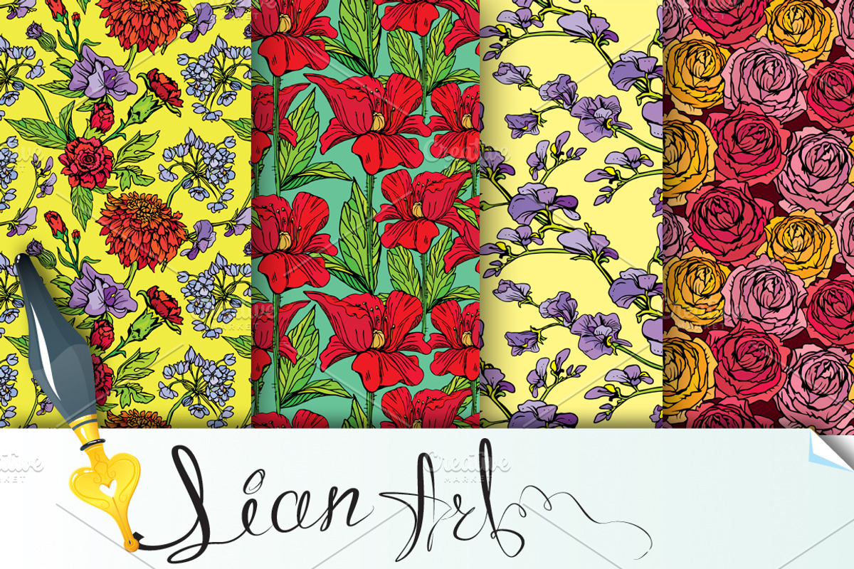 Seamless patterns with flowers, a Pattern Graphic by Lian-art