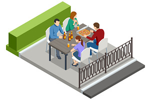 Family with pizza at outdoor cafe, a Food Illustration by Golden Sikorka