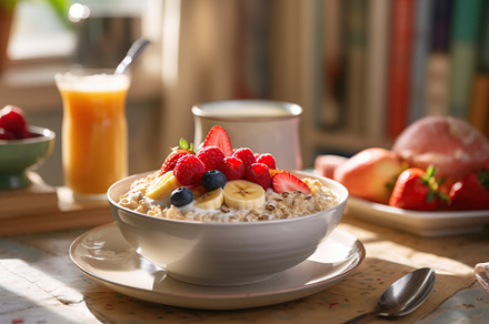 Tasty oatmeal with fruits in bowl on table, a Food & Drink Photo by AlyaAnd