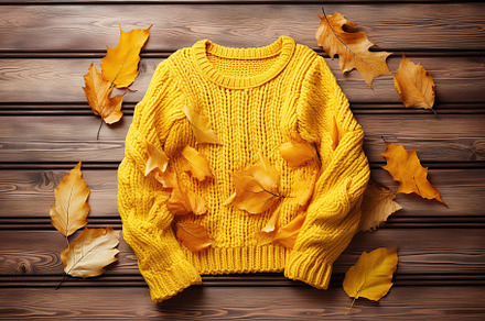 Knitted sweater with dry leaves on brown wooden background, a Beauty & Fashion Photo by AlyaAnd