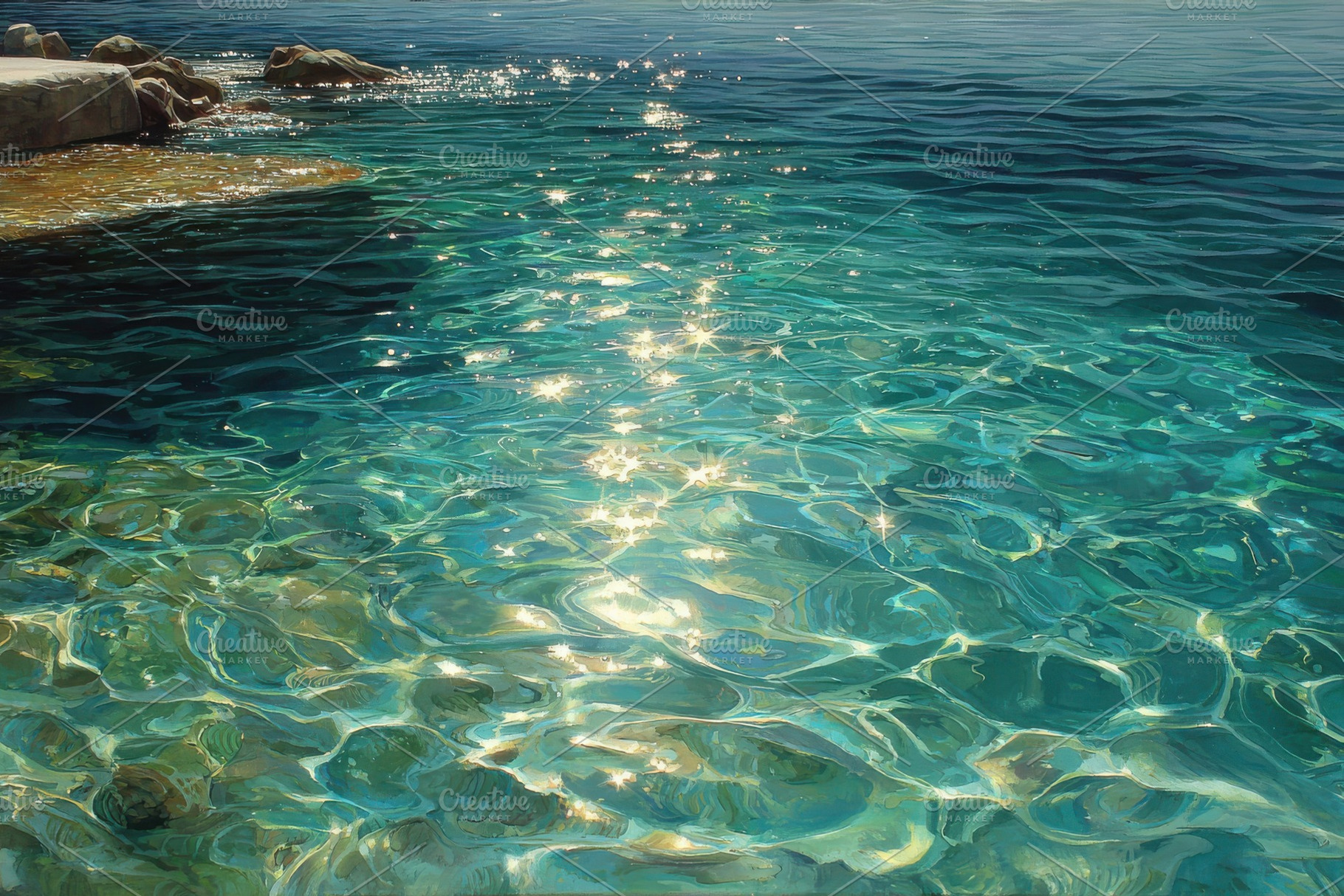 Sunlit Water Sparkling Ocean Rocks S, a Photo by Pixeness Studio