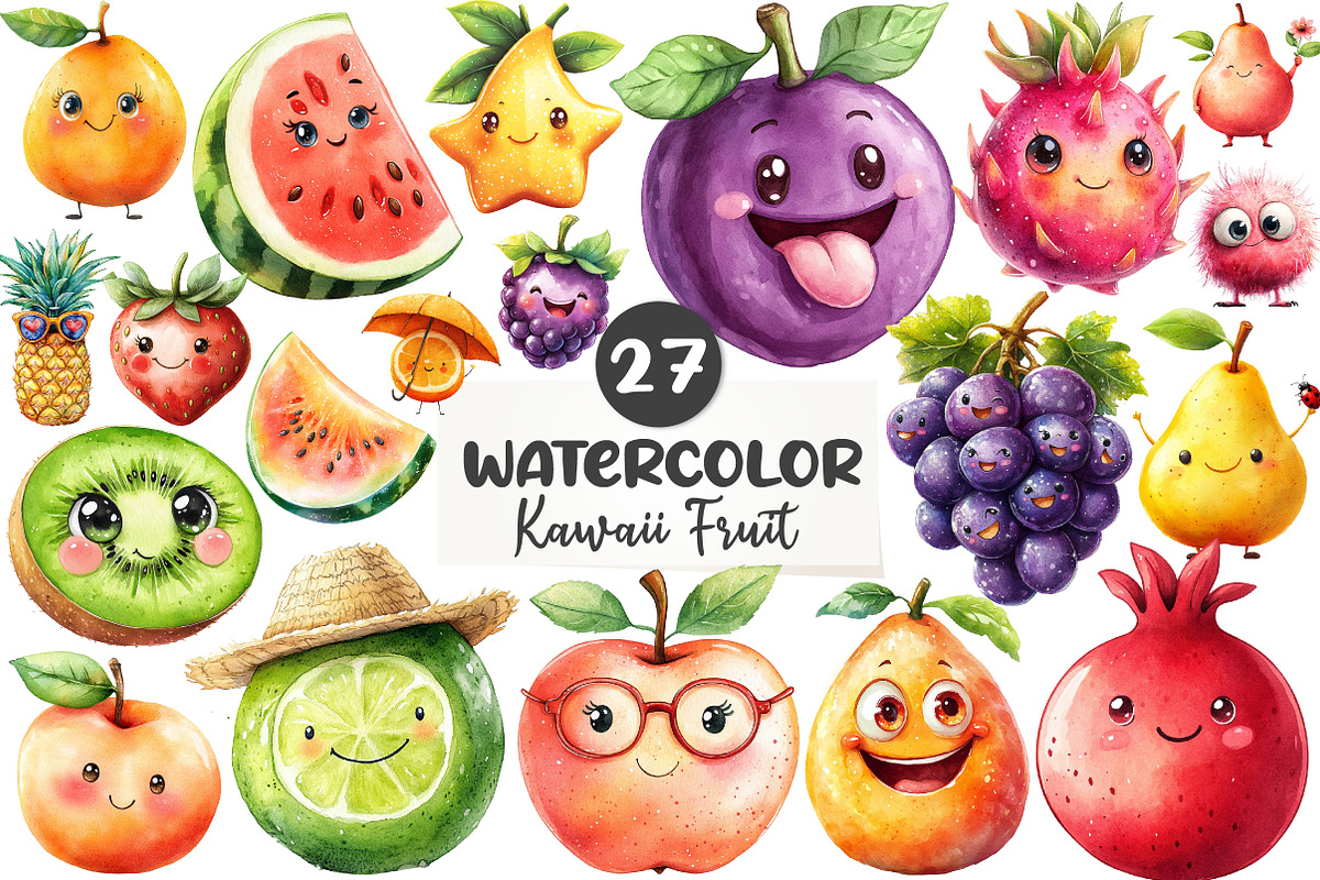Cute Fruit Clipart,Kawaii Fruits, an Illustration by CreationArt (Photo 1 of 5)