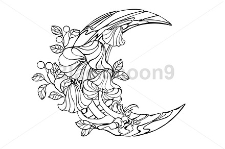 Crescent with contour mushrooms, a Decorative Illustration by blackmoon9