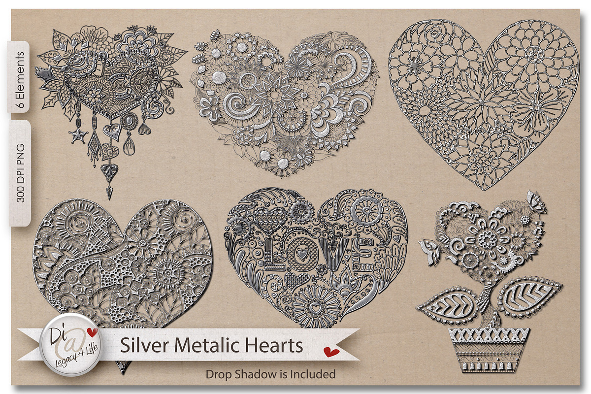 Silver Metalic Hearts, an Illustration by Legacy4Life Designs (Photo 1 of 3)