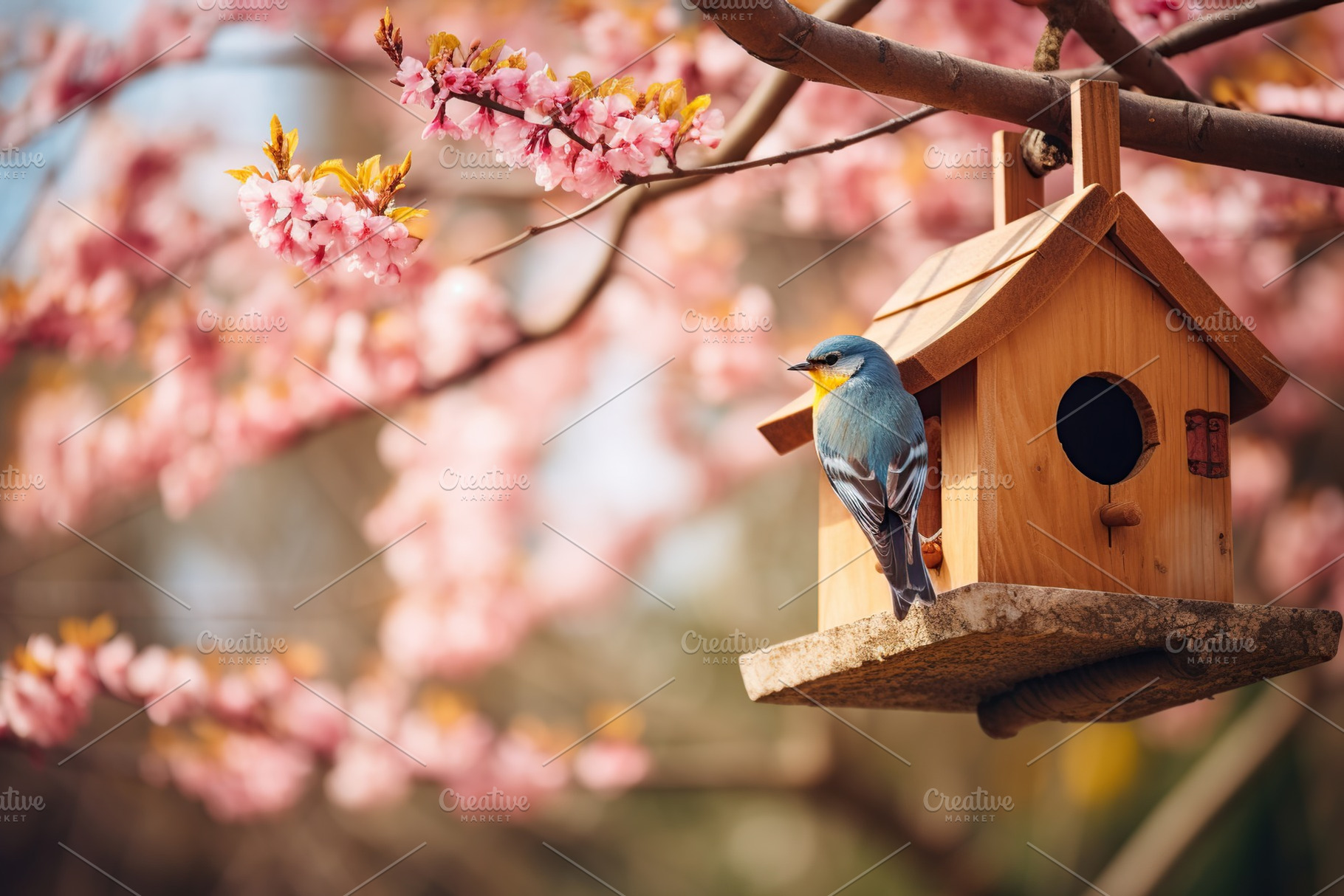 Little bird and wooden birdhouse on a branch of tree, an Animal Photo by AlyaAnd