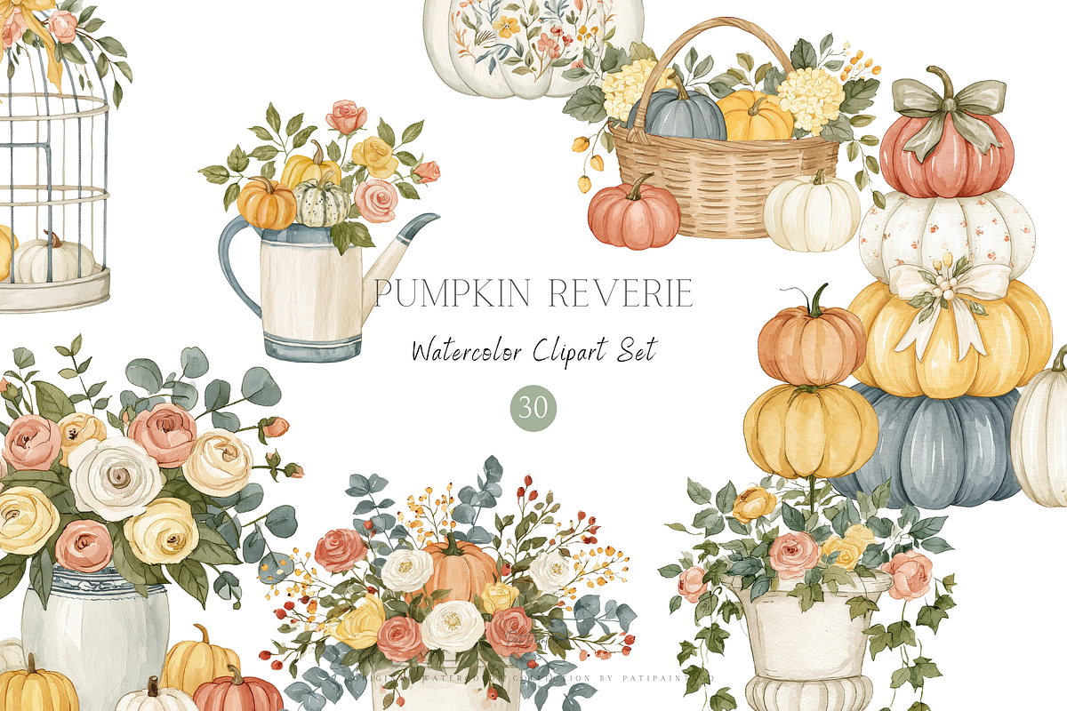 Autumn Pumpkin Watercolor Bundle, a Seasonal Illustration by Pati Charm Studio (Photo 1 of 8)