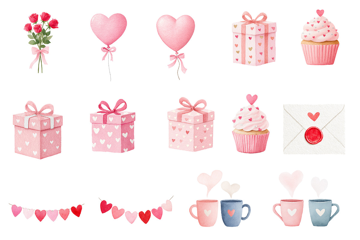 Watercolor cute Valentine clipart, an Illustration by Designworld (Photo 2 of 5)