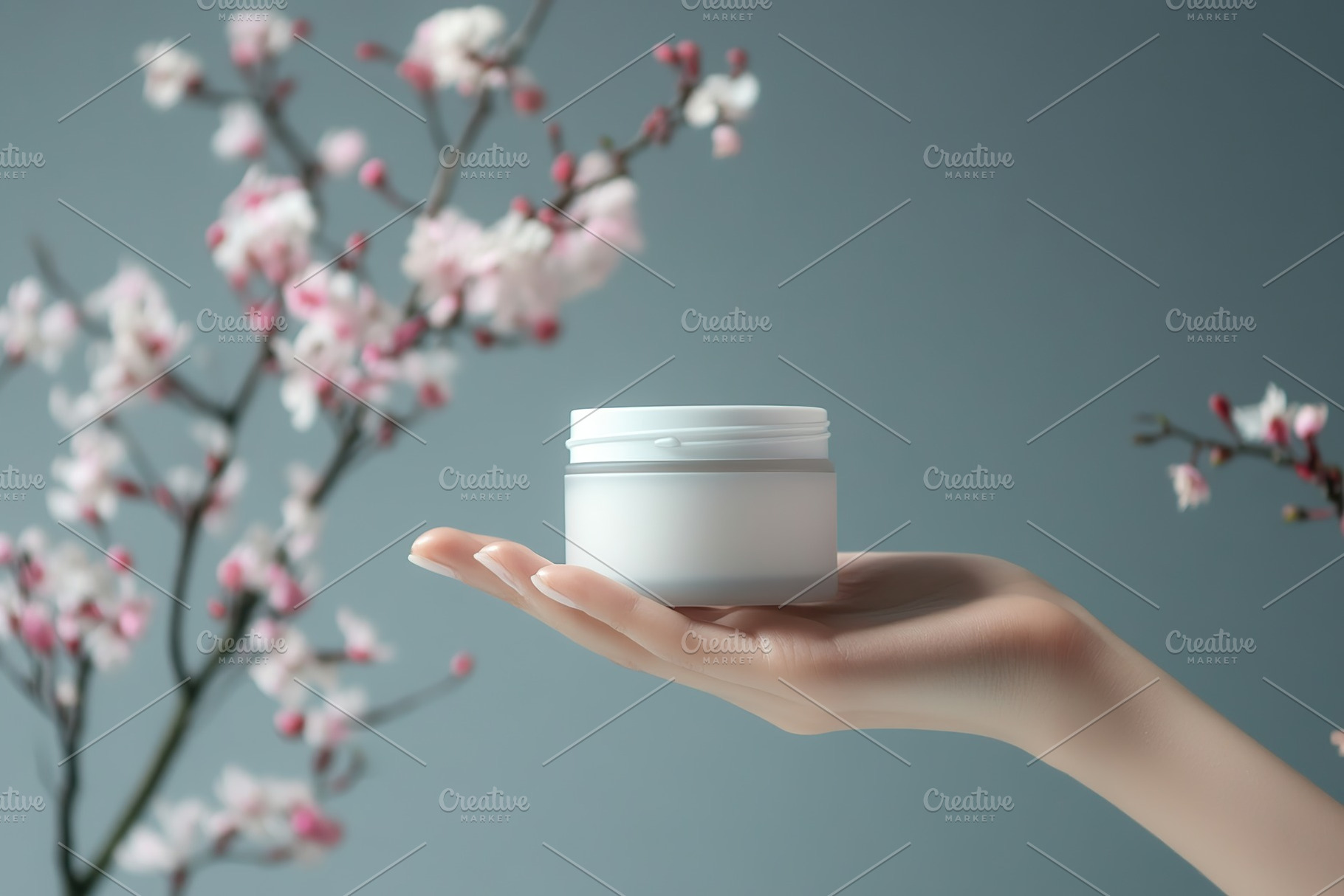 Female model hand holding cosmetic jar on grey background, a Health & Medical Photo by AlyaAnd