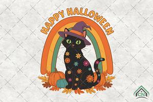 Happy Halloween Cat with Rainbow PNG, an Illustration by Craft Nest