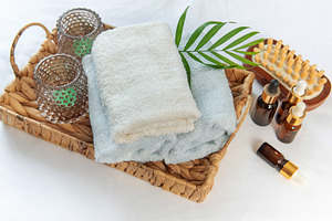 Spa wellness items with essential oils for relaxation, a Beauty & Fashion Photo by Olena Rudo