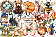 Watercolor Vintage Woodland Clipart, an Illustration by Canvas Craft (Thumbnail 1 of 7)