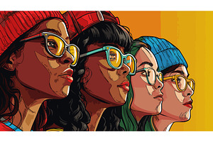 Trendy Women in Beanies and Glasses, a Person Illustration by AlexArt