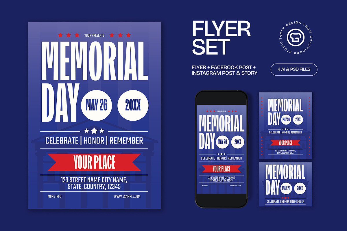 Blue Red Bold Memorial Day Flyer Set, a Flyer Template by graphicook ...