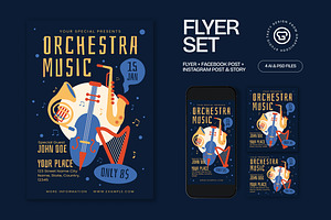 Blue Flat Orchestra Music Flyer Set, a Flyer Template by graphicook