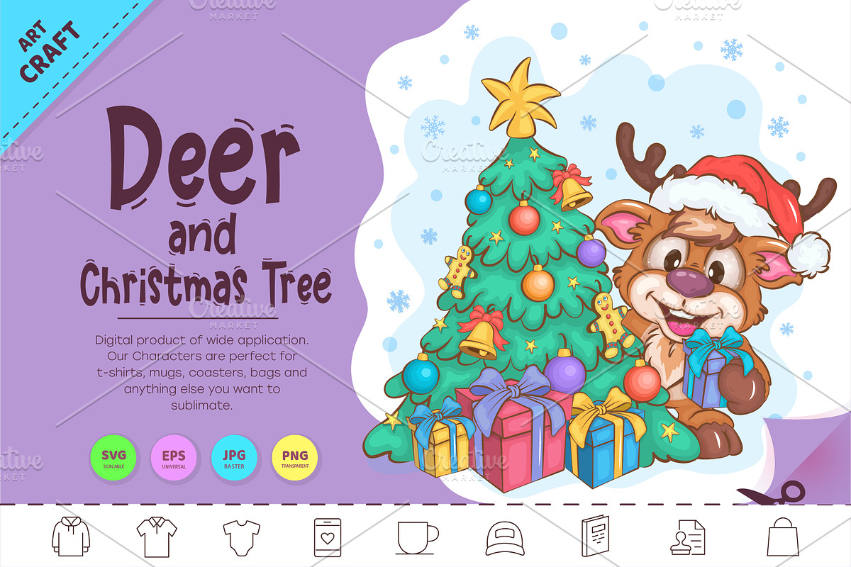 Cartoon Deer and Christmas Tree., an Animal Illustration by KENO Mascots (Photo 1 of 3)