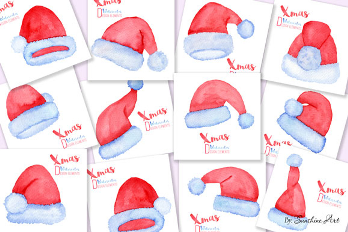 Watercolor Santa hats, a Decorative Illustration by Sunshine Art Shop (Photo 3 of 4)