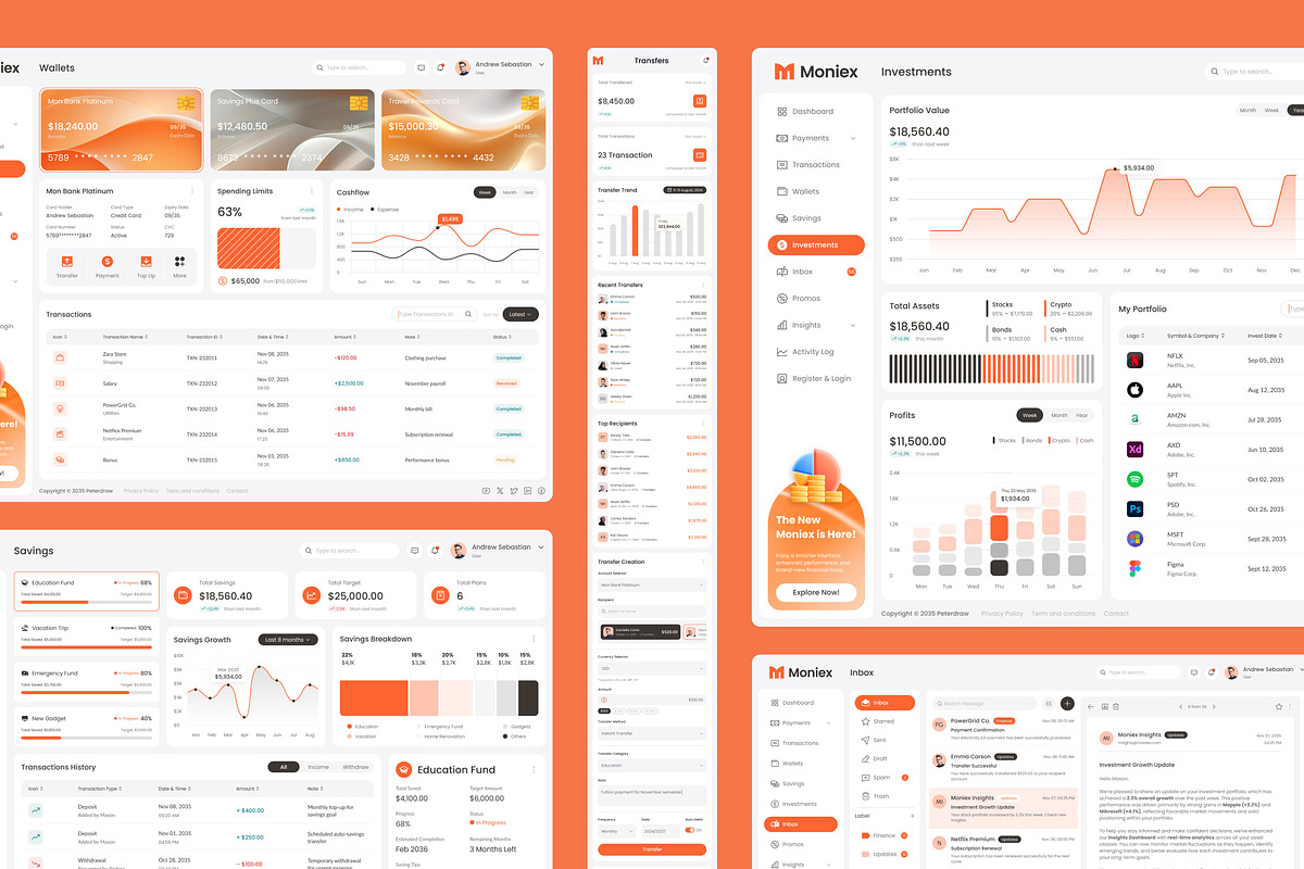 Moniex – Finance Dashboard UI Figma, an UI Kit Template by peterdraw (Photo 3 of 7)
