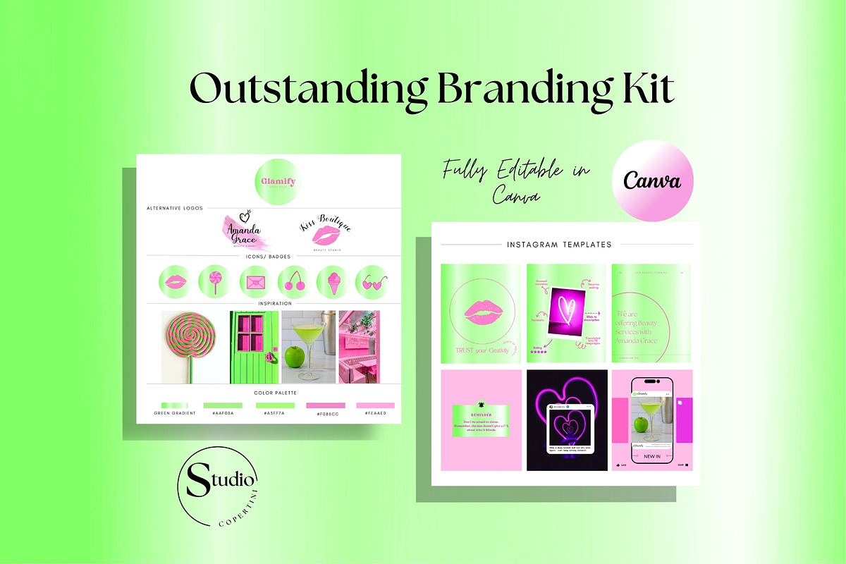 Pink and Green Brand Kit Canva, a Branding & Logo Template by CopertiniStudio (Photo 1 of 8)