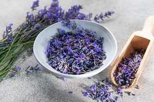 Lavender buds in bowl and scoop for aromatherapy, a Health & Medical Photo by Olena Rudo