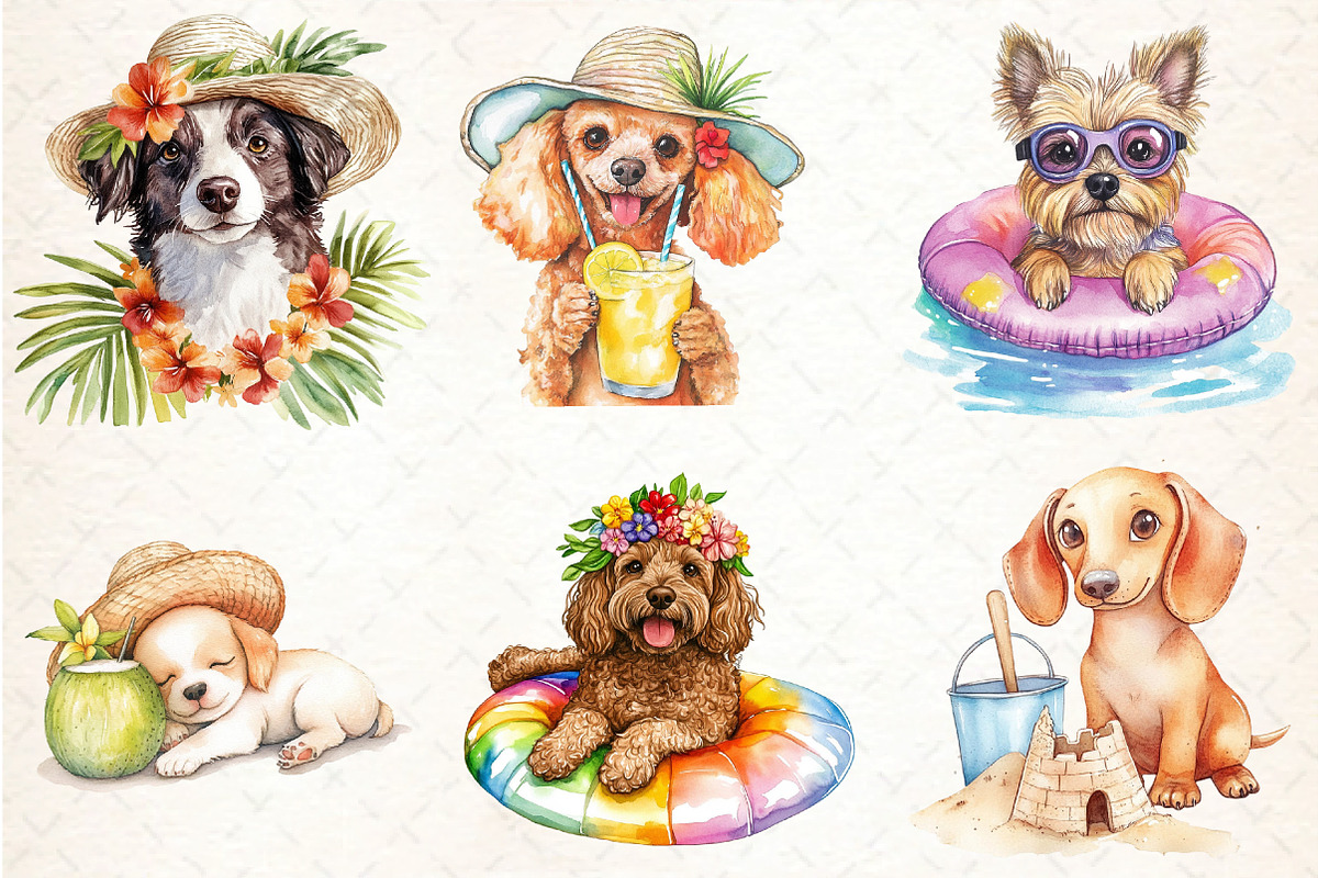Watercolor Summer Dogs Clipart, an Illustration by DreamCafeArt (Photo 3 of 9)