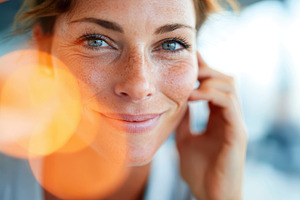 Smiling woman close-up with warm bokeh, a Person Photo by AlyaAnd