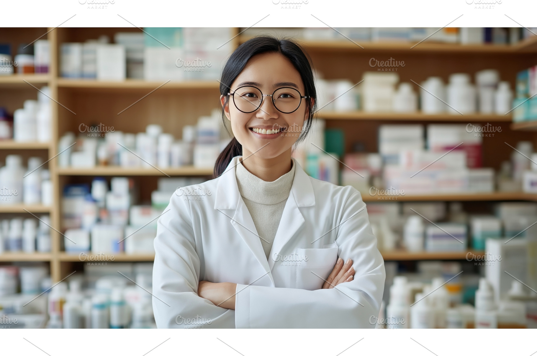 Asian female pharmacist in a white, a Health & Medical Photo by Sergey Kotenev