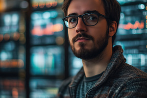 A Data Engineer young man with glasses and a beard stands confidently in front, a Person Photo by Textures & Backgrounds