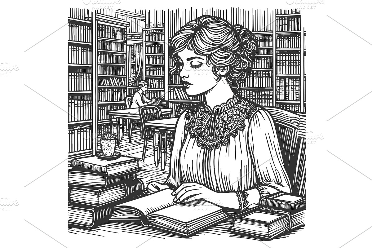 woman reading in library vector, a Person Illustration by AlexArt