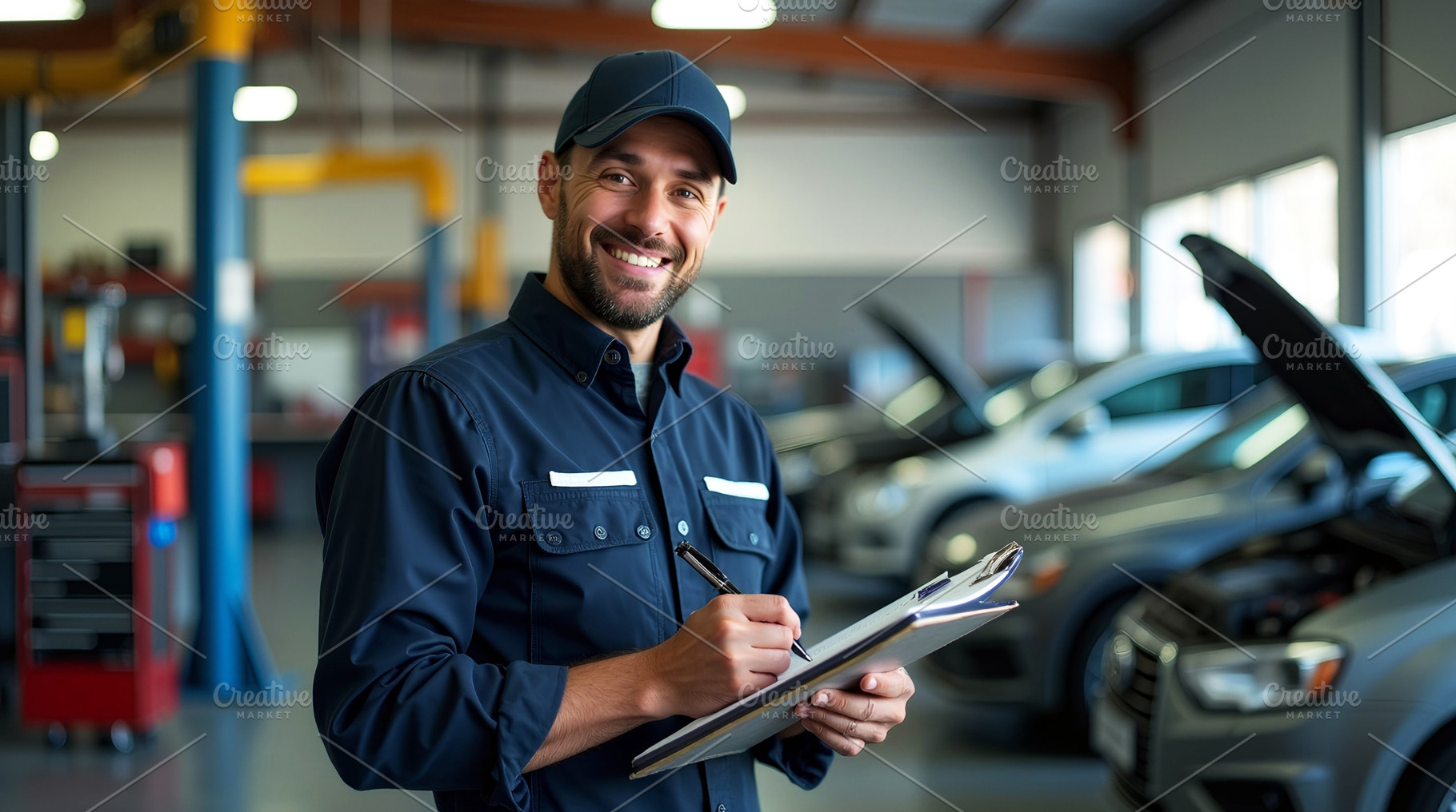 Smiling Mechanic Inspecting Car in A, a Transportation Photo by Stock Shape