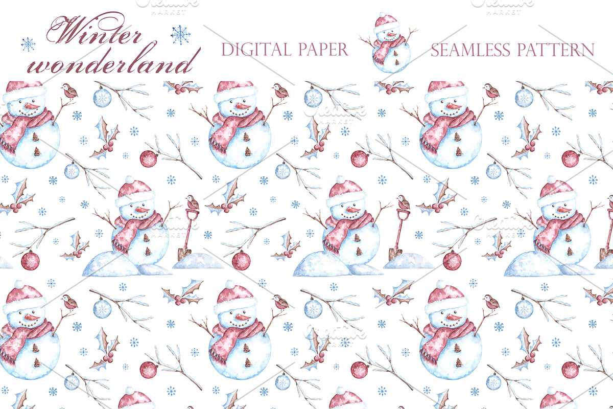 Christmas snowman watercolor clipart, a Seasonal Illustration by SabinaWatercolorArt (Photo 16 of 17)