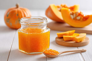 Freshly made pumpkin puree displayed in a jar with cut pumpkin pieces on a wood, a Food & Drink Photo by AlyaAnd