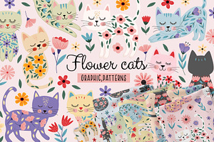 Floral cat clipart and pattern, an Illustration by NataKa