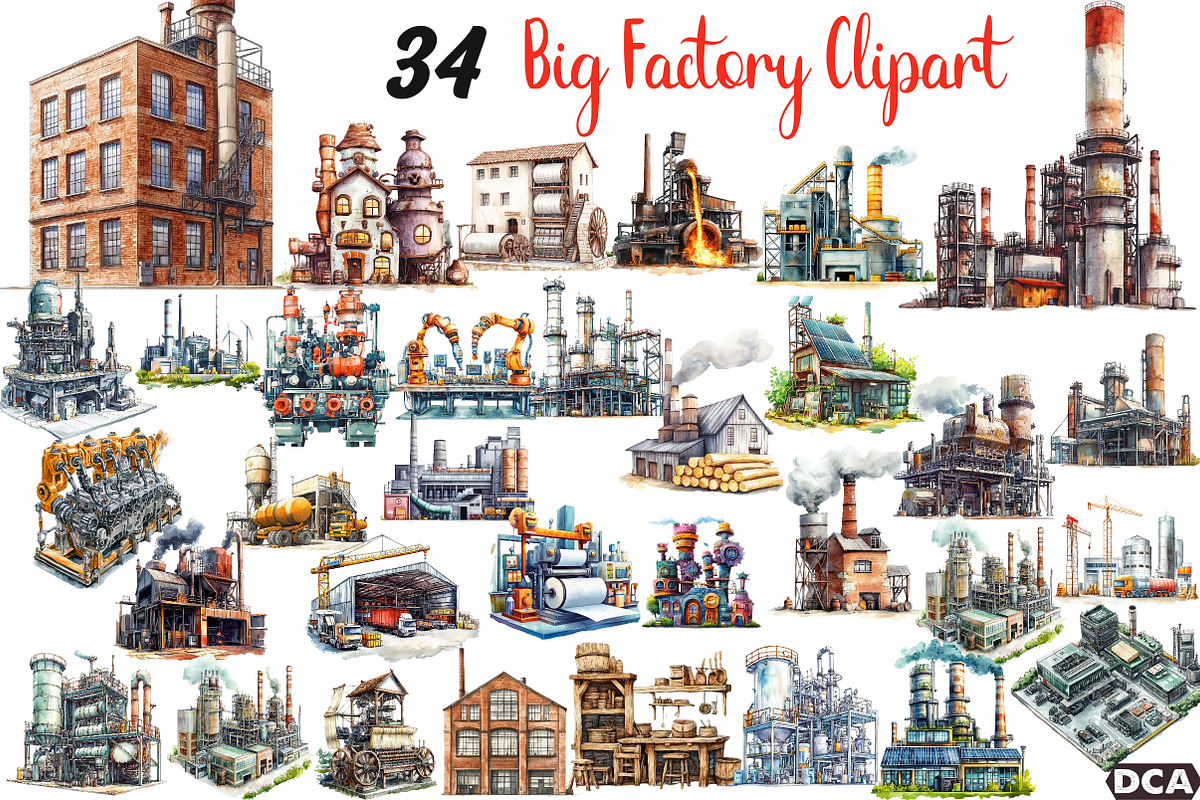 Big Factory Watercolor Clipart Png, an Illustration by DreamCafeArt (Photo 1 of 6)