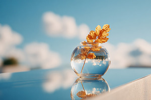 Golden leaf in glass vase reflects serene autumn sky and soft clouds during mid, a Photo by AlyaAnd