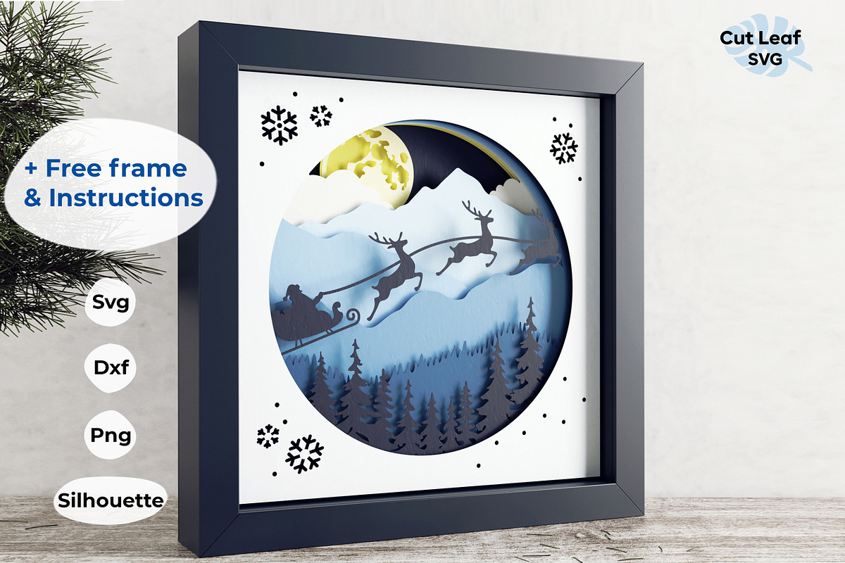Santa Sleigh SVG 3d Shadow box, a Seasonal Illustration by CutLeafSvg (Photo 1 of 6)