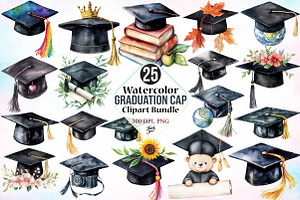 Watercolor Graduation Cap Clipart, a Seasonal Illustration by Canvas Craft