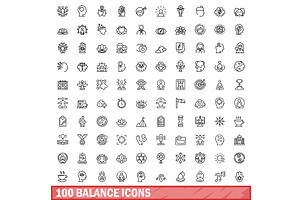 100 balance icons set, outline style, an Object Illustration by Ylivdesign