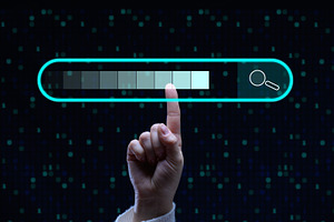 The index finger touches the virtual search bar from the neon bl, a Business Photo by ndanko