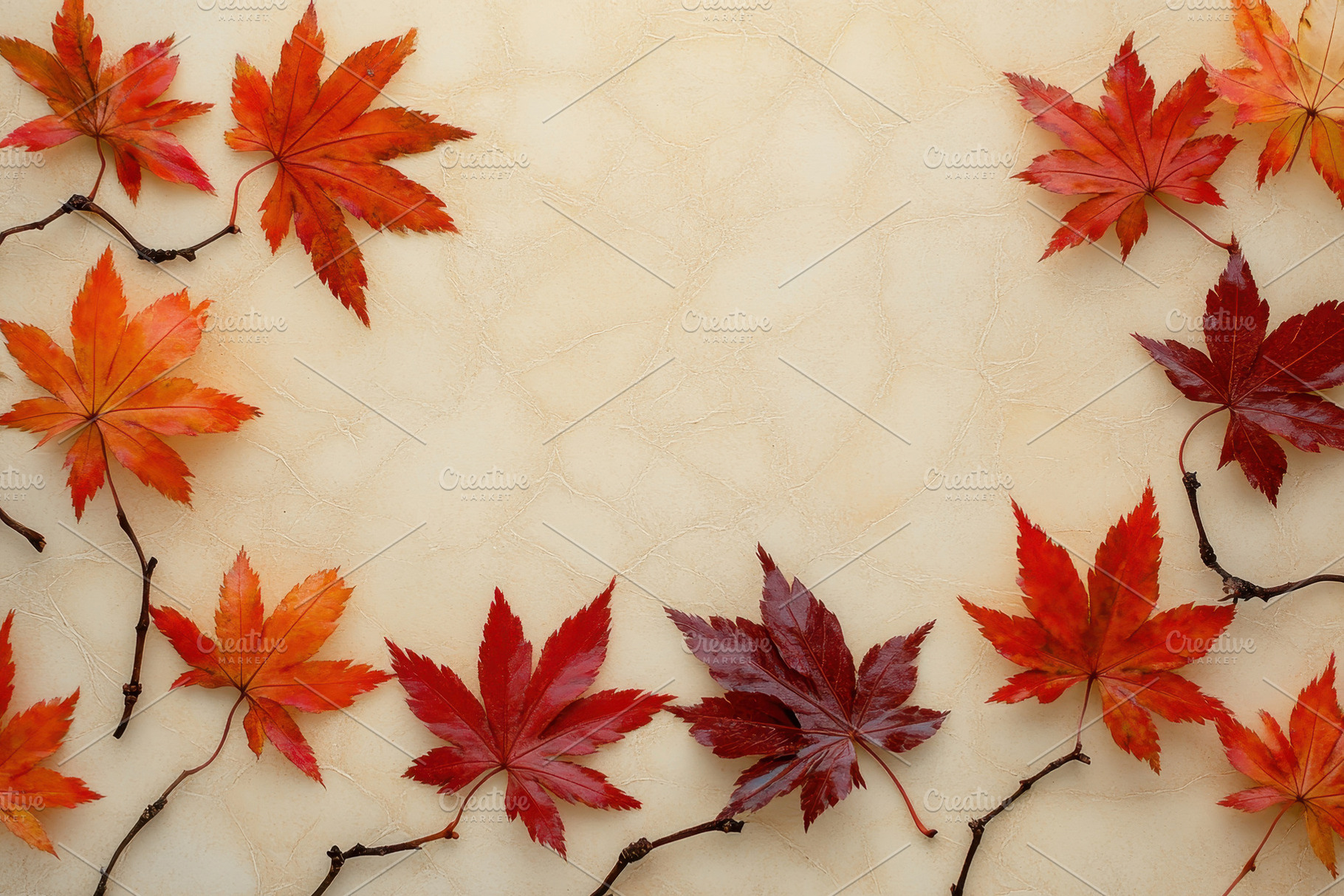 Vibrant autumn leaves arranged artis, a Photo by Tanuart