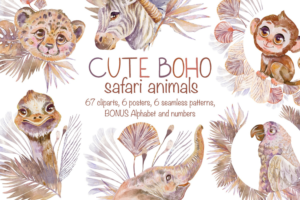 Cute Boho Safari Animals Watercolor, an Illustration by Shabbypie (Photo 1 of 9)