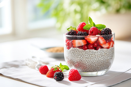 Chia pudding with berries and granola in glass on white background, a Food & Drink Photo by AlyaAnd