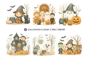 Cute Halloween Clipart PNG Set.